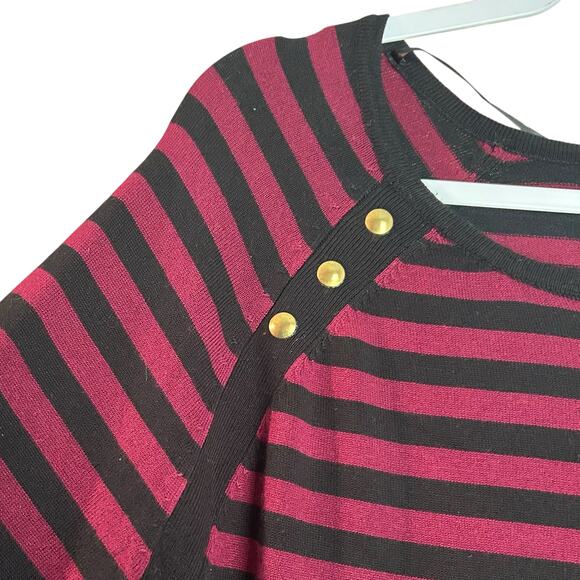 Karen Scott Knit Jersey Striped XXL Button Accents Burg/Black Nautical Stretchy - Picture 2 of 7